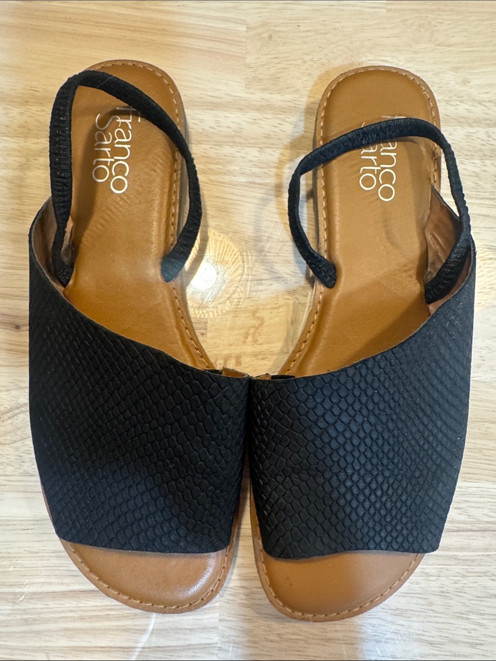 Franco Sarto Black Textured Slide Sandals with Elastic Sling